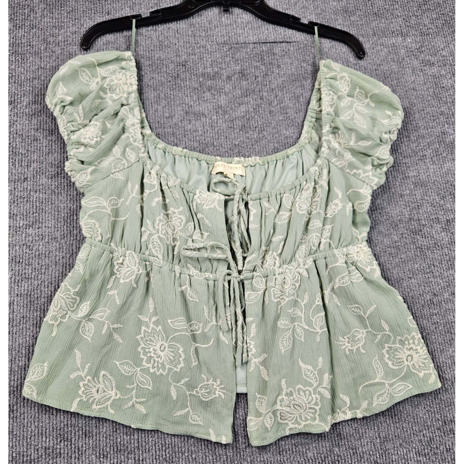 Thirty Thirty LA Sage Green Floral Embroidered Peasant Top XL Boho Milkmaid