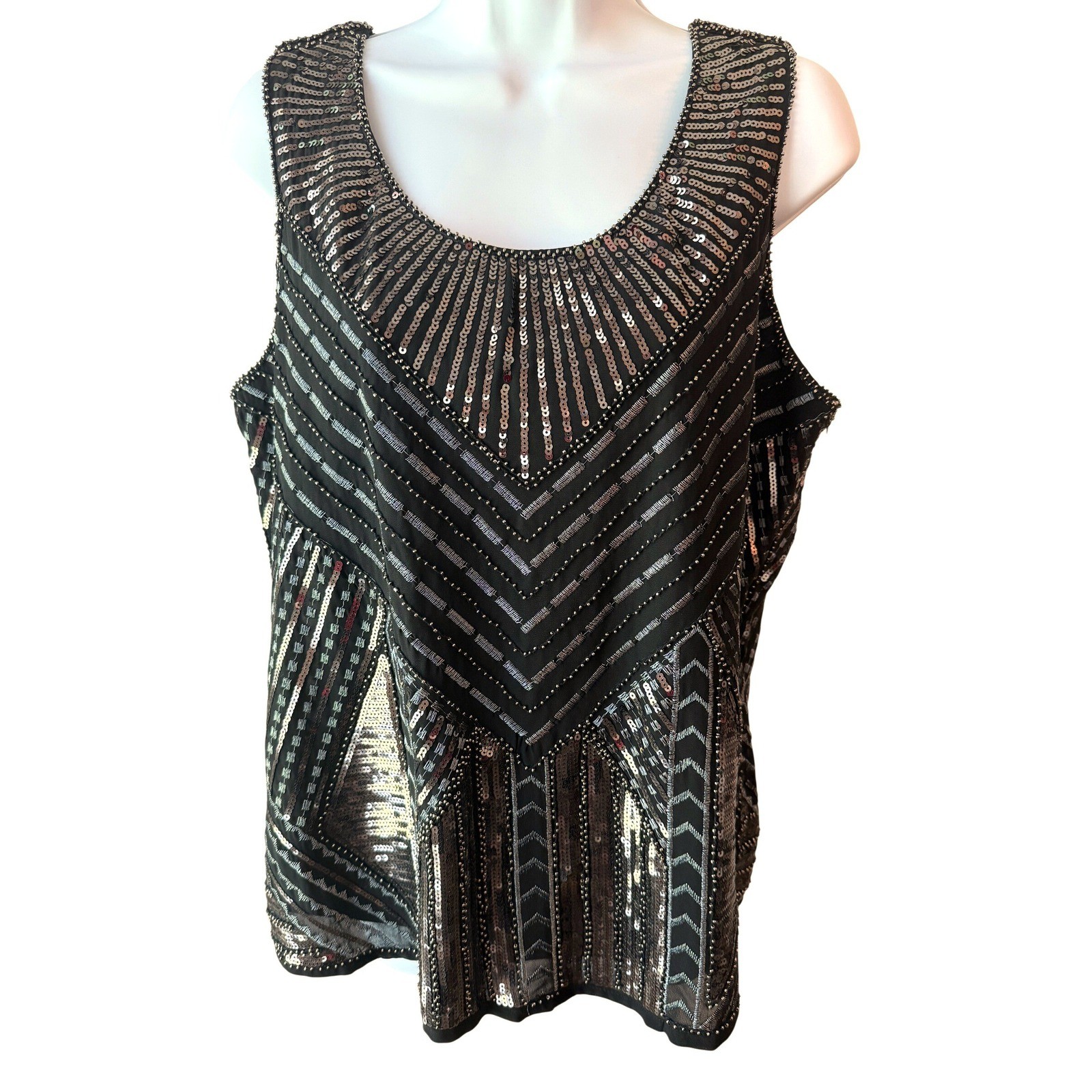 Cupio Sequin Embroidered Art Deco Tank Top Black Gold Silver Size Large