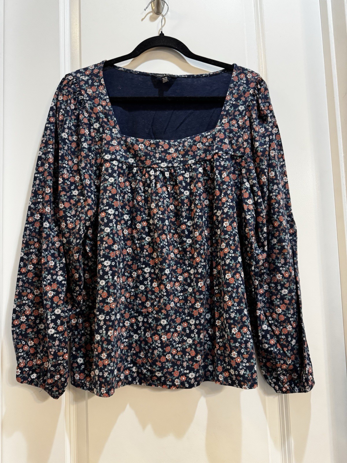 Lucky Brand Blue Floral Square Neck Top XL Long Sleeve Armpit To Armpit 23”
