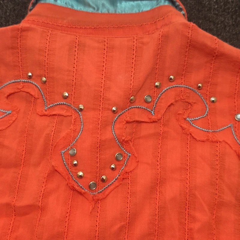 Women’s Classic Western Shirt XL Orange Teal Cowgirl Rodeo Pearl Snap