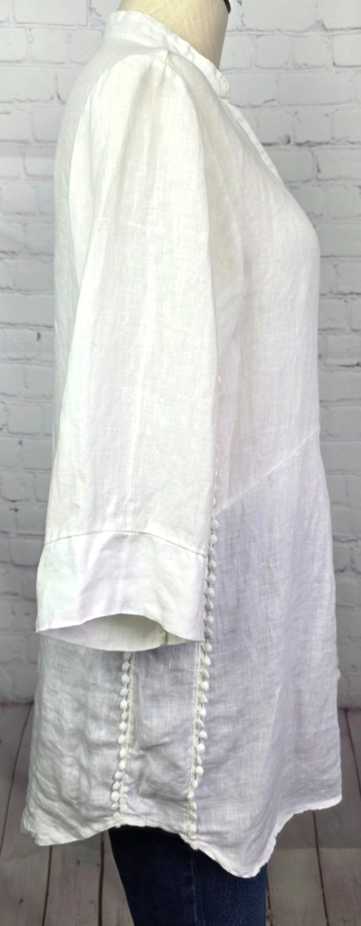 Laura Bianchi Tunic Blouse Coverup Linen Italy Pom Poms Boho Coastal Beachy S