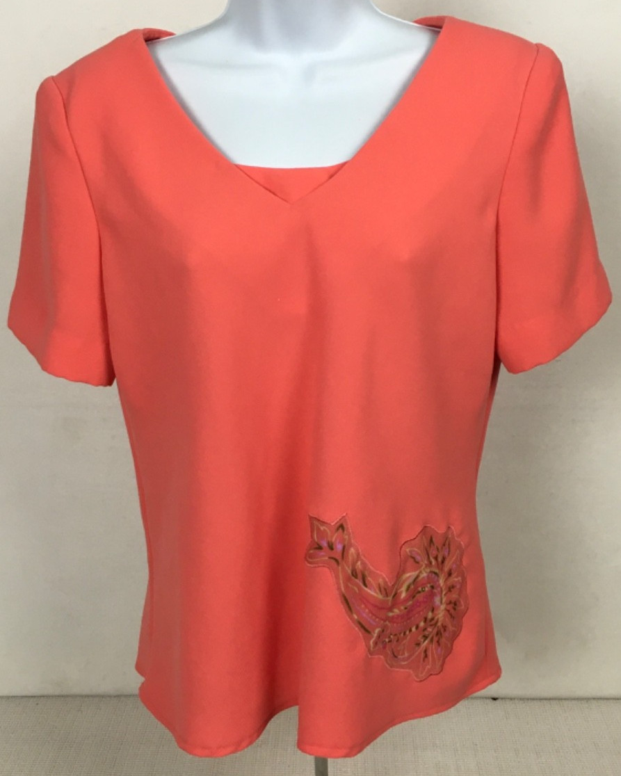 Studio I Top Women Size 12 Orange Short Sleeves V neck Paisley Applique