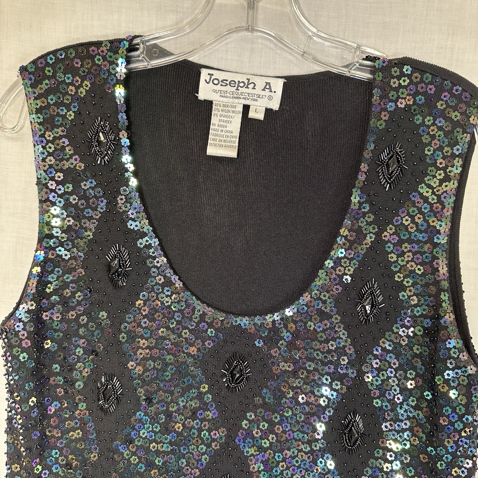 Vintage Joseph A Black Silk Blend Knit Sequin Beaded Shell Top L 90’s Glam