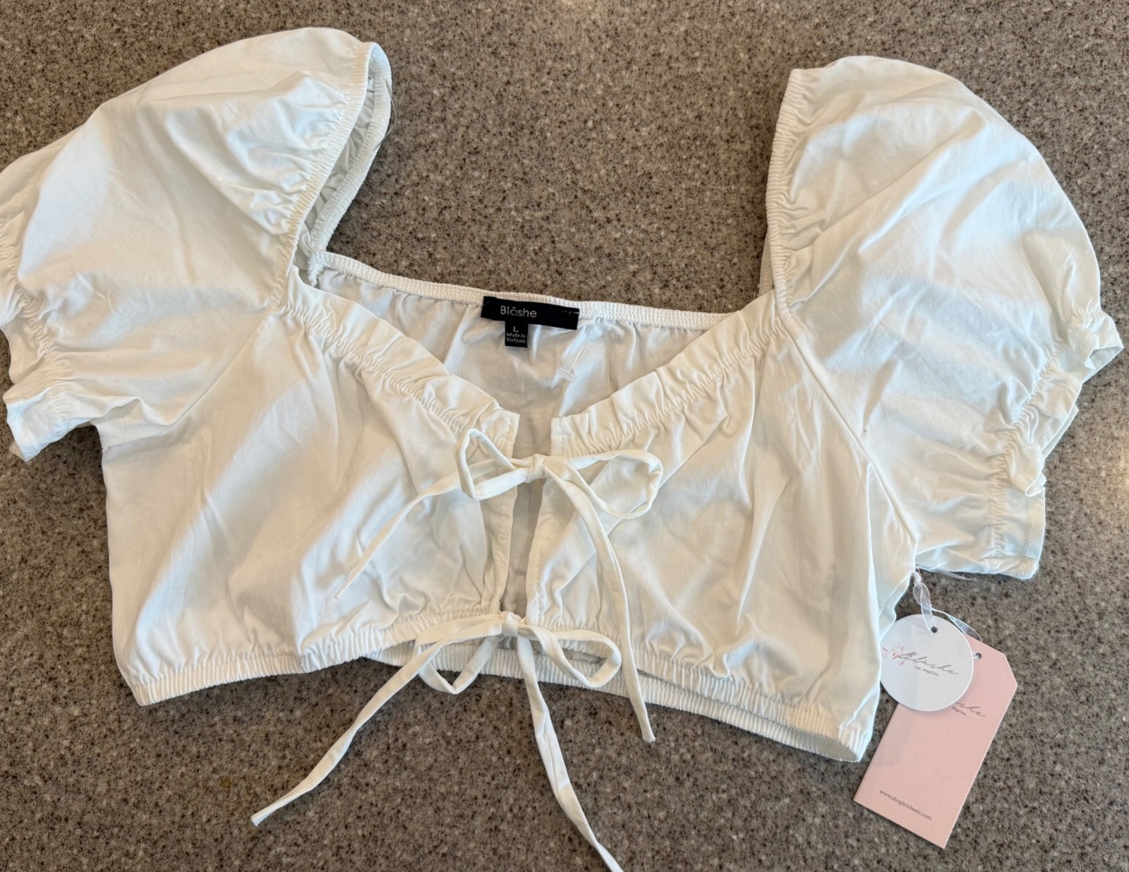 BLASHE New! White Corset Crop Tie Front Peasant Milkmaid Puff Sleeve Top NWT L