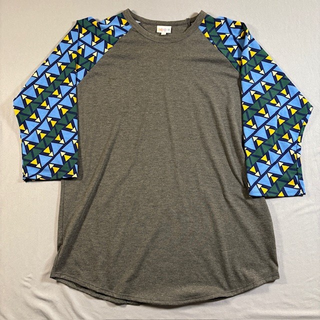 LULAROE | Heather Gray Blue Yellow Green Geometric Print 3/4 Sleeve T-Shirt 2XL