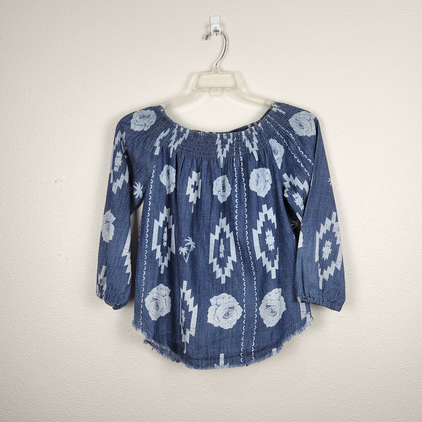 Tribal Jeans Boho Top Blue Chambray Denim Sz P/S Womens Off the Shoulder Western