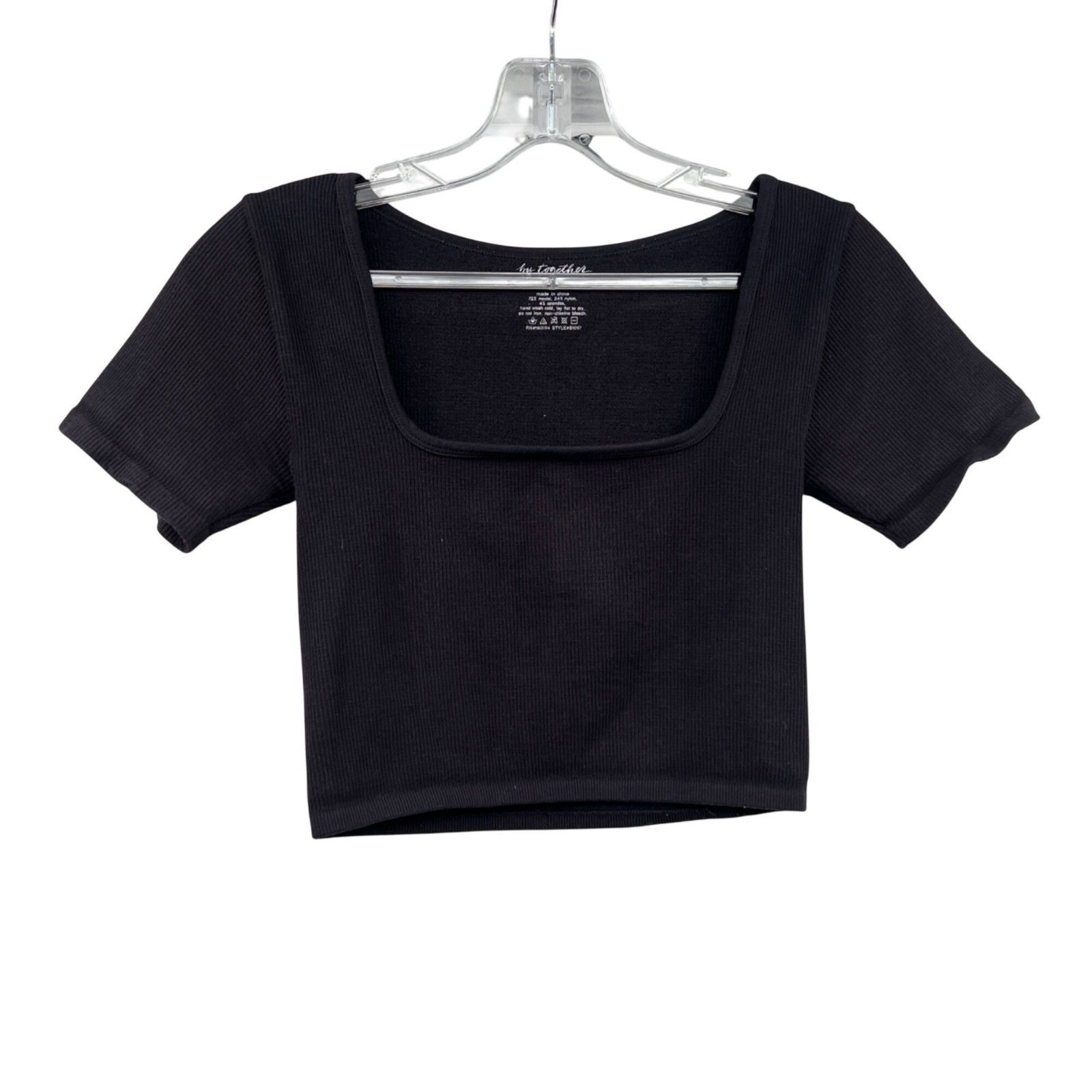 By Together Womens Crop Top Short Sleeve Square Neck Ribbed Black S/M
