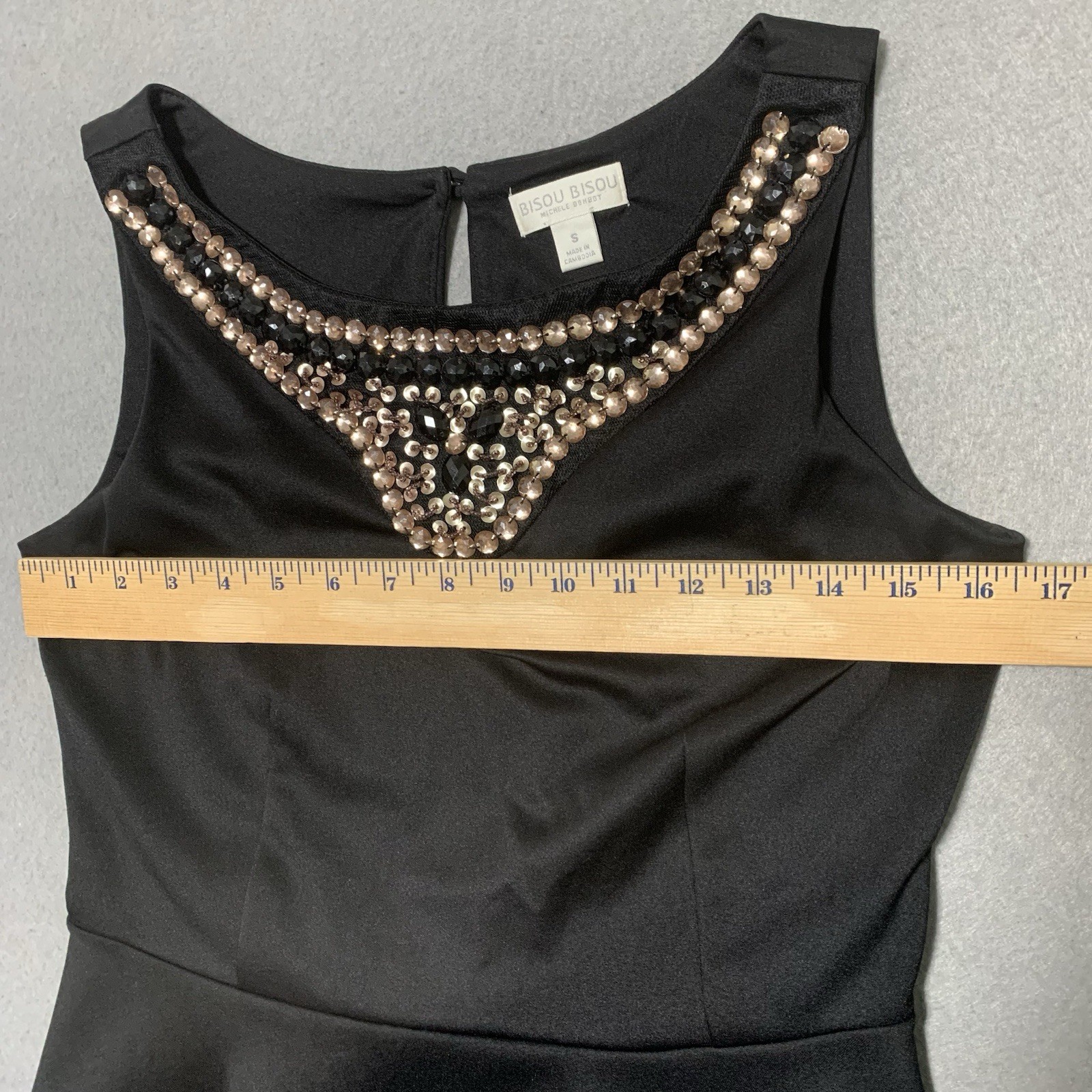Bisou Bisou Black Peplum Top Size S Embellished Beads Neckline Sleeveless