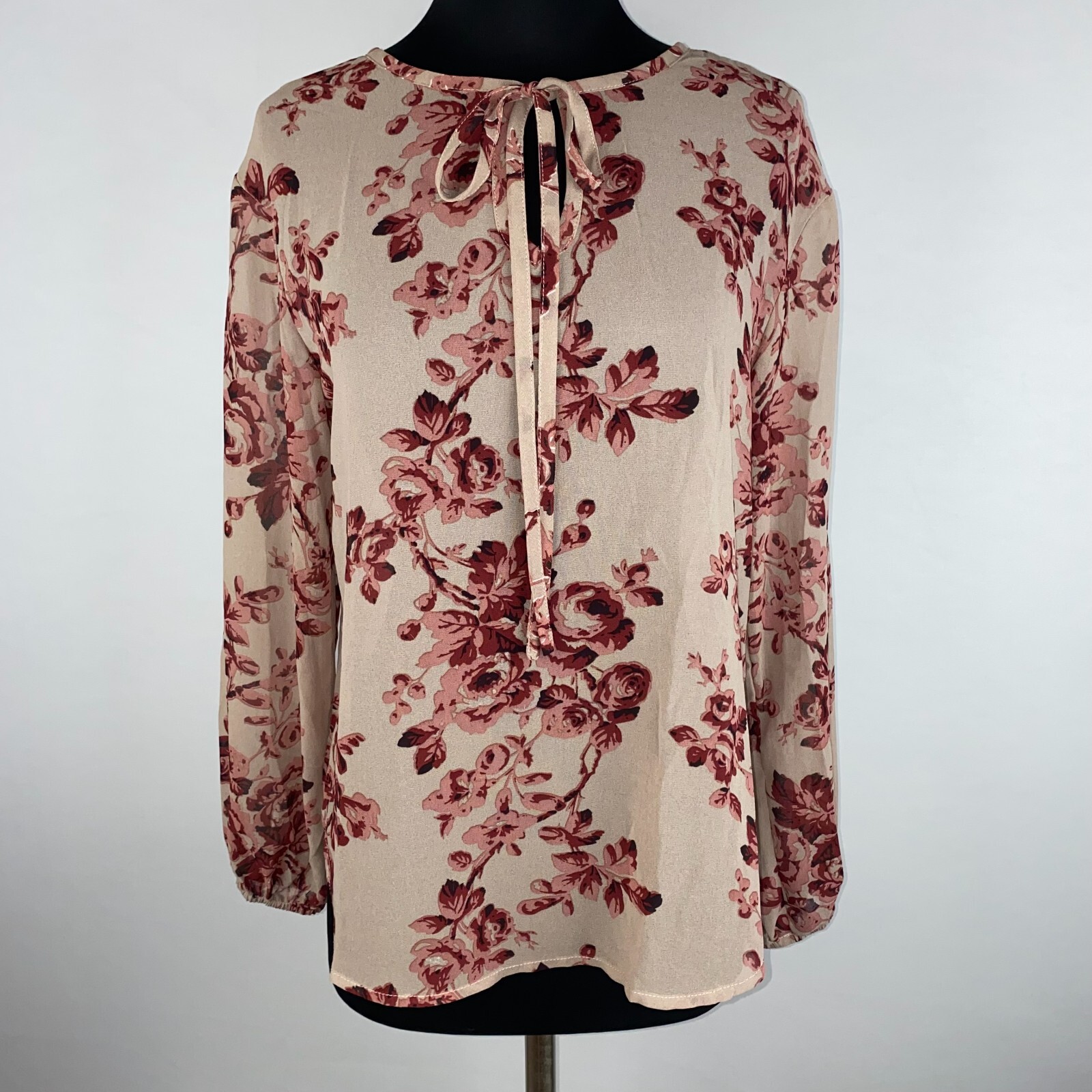 Shein Womens S / US 4 Floral Tie Keyhole Neck Blouse Top Long Elastic Sleeves