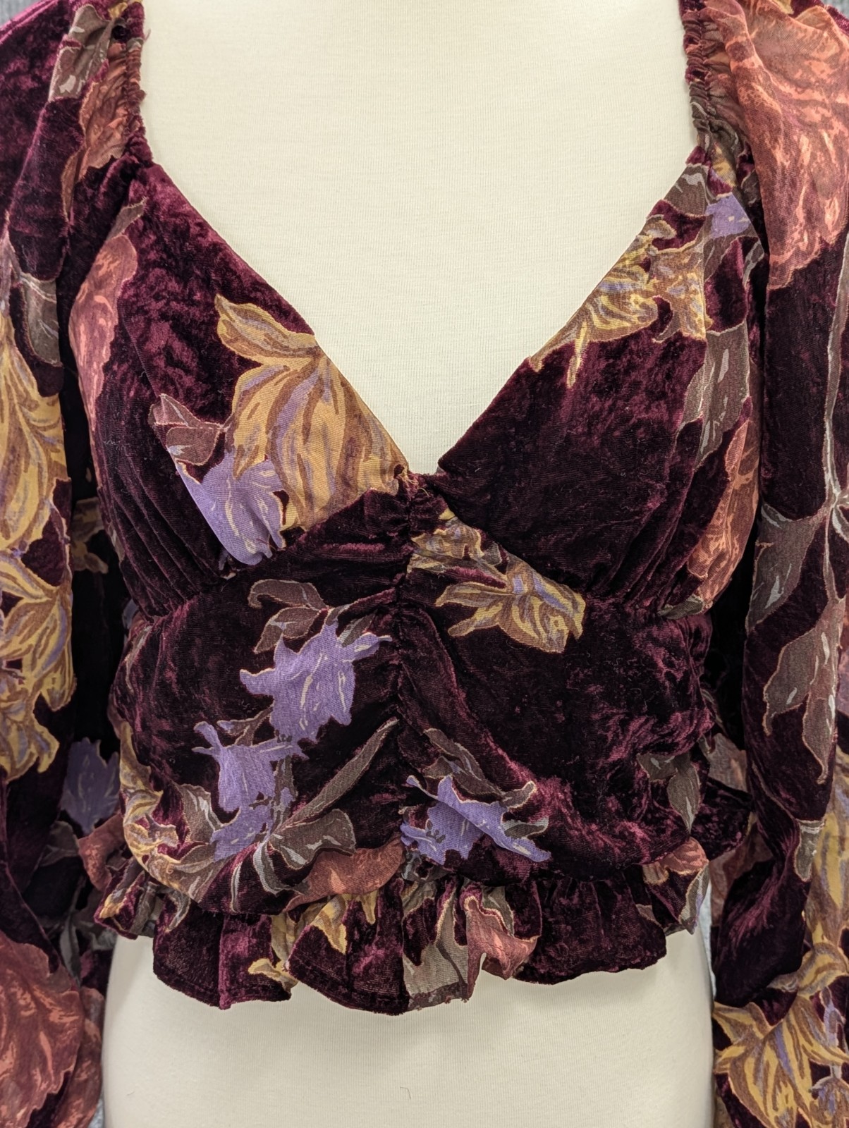 By Together Babydoll Crop Top Women M Burgundy Velvet Burnout Fairy Whimsigoth