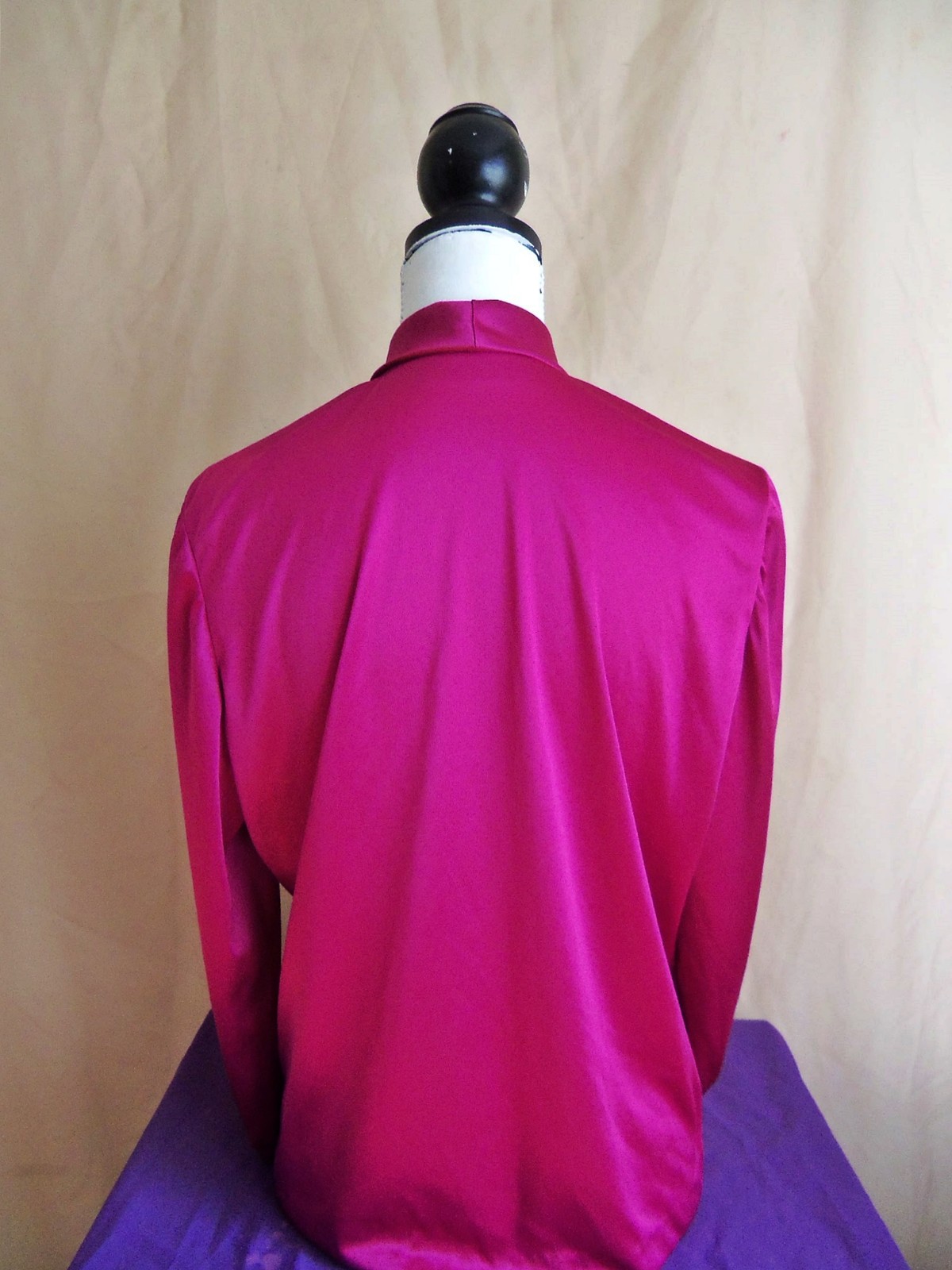 70s Unique handmade cobalt violet poly satin tie-neck blouse. Sz. L(?)