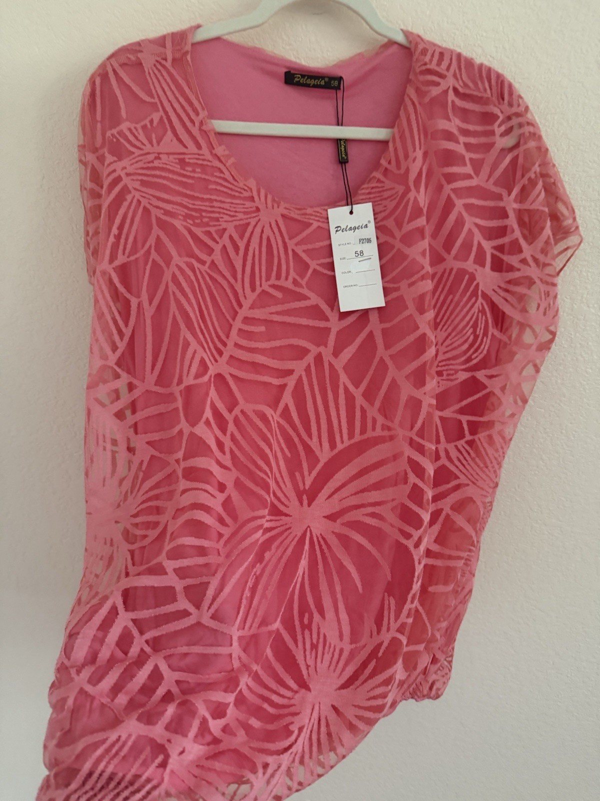 Pelageia Women’s Pink Sheer Floral Mesh V-Neck Pullover Blouse Short Sleeve 58