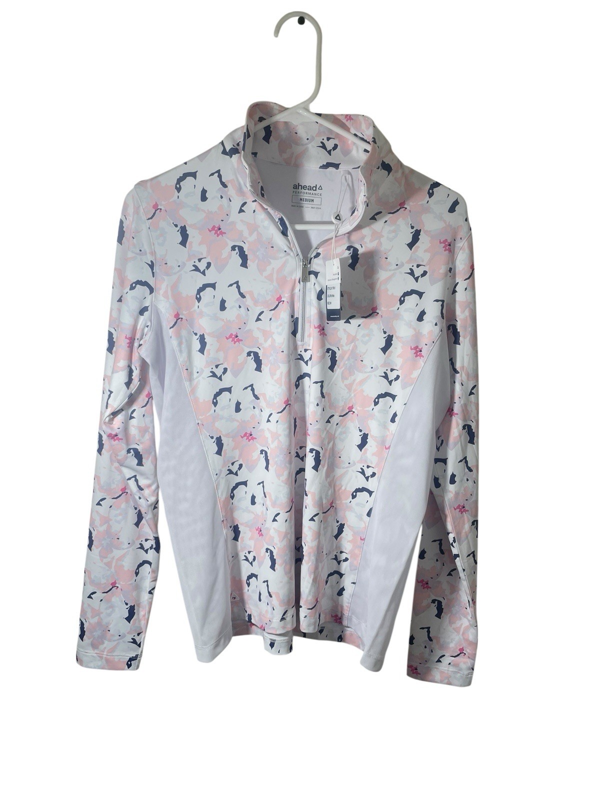 Womens Ahead Performance Vented Golf Top 1/4 Zip M Tennis Preppy Pink Floral NWT
