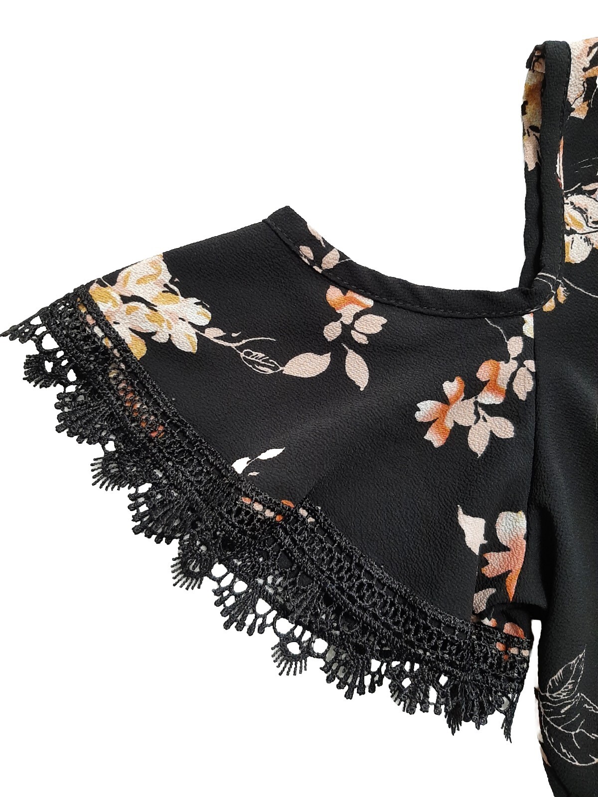 Fashion Magazine M/L Floral Cold Shoulder Blouse V-neck Lace Trim Elastic Waist