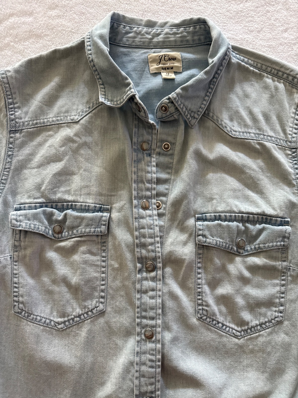 J.Crew Denim Western Shirt Womens 12 Light Wash Pearl Snap Chambray Cowgirl