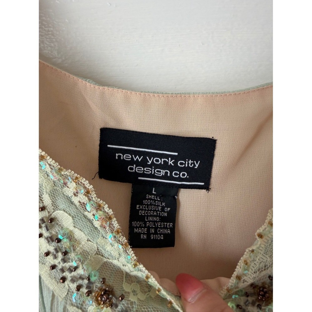 New York City Design co. Silk Sage Green Bead Embellished Y2K V-Neck Camisole Lg