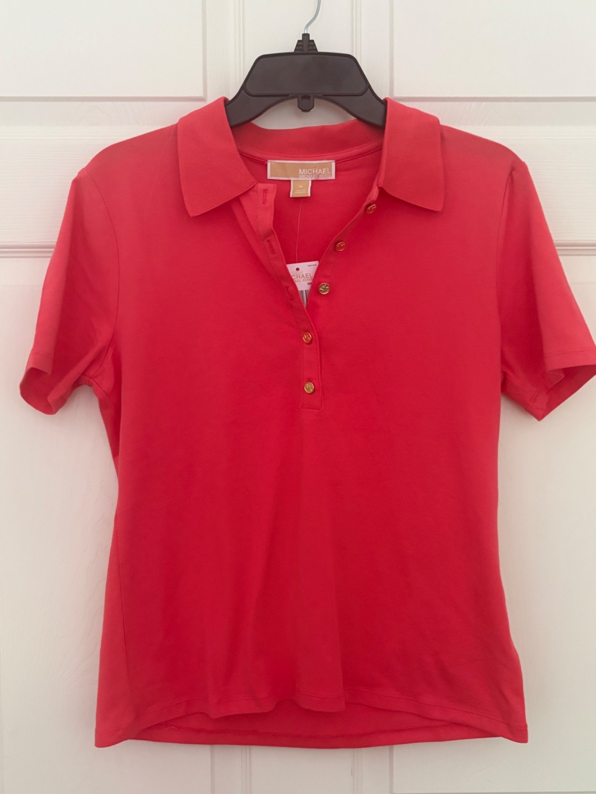 NEW $98 Women’s Michael Kors MK Gold 5 Button Collared Polo Shirt Sangria Sz M