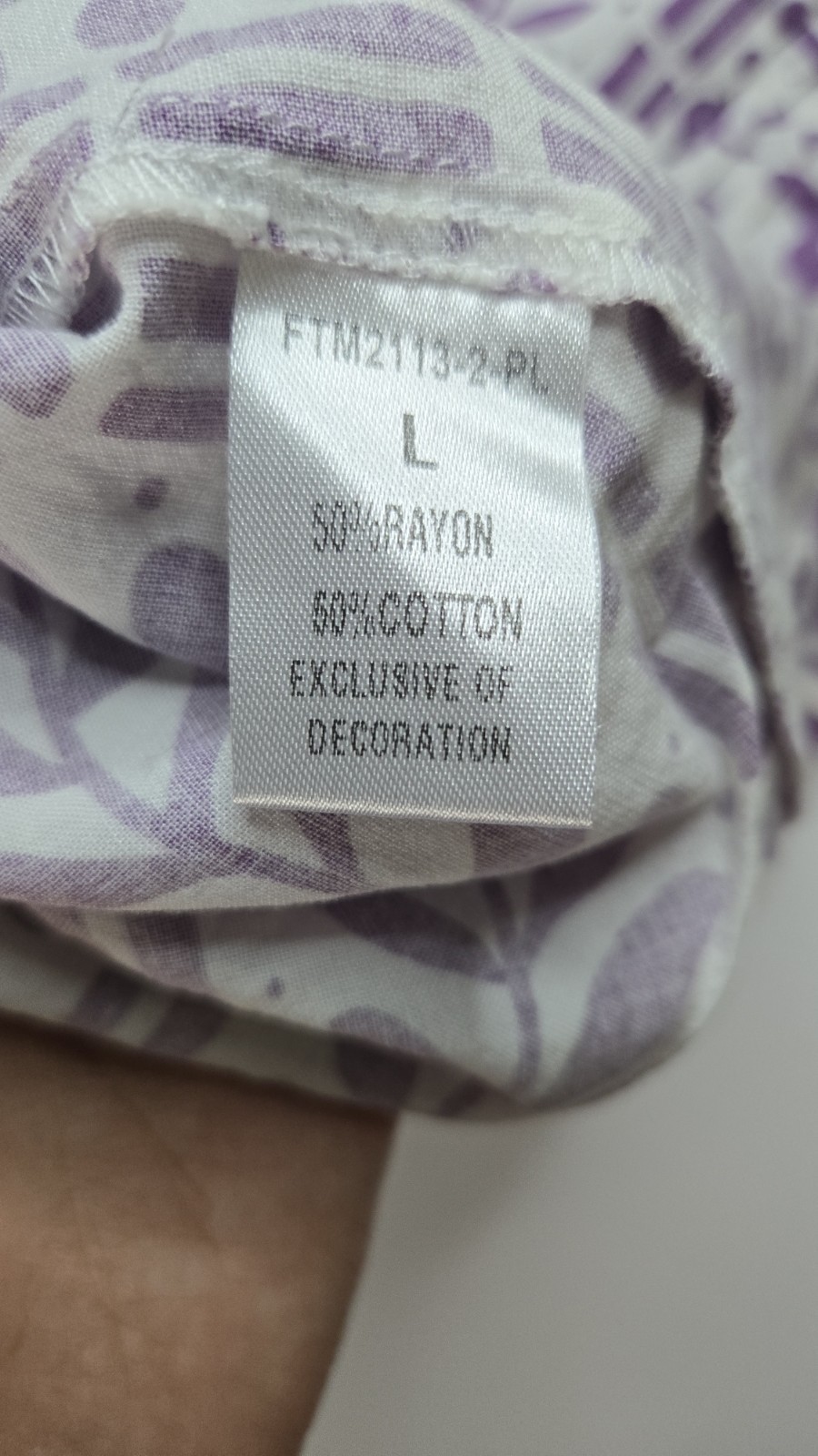 Purple and White Bluse with Botanical Print – L-Size | Rayon and Cotton