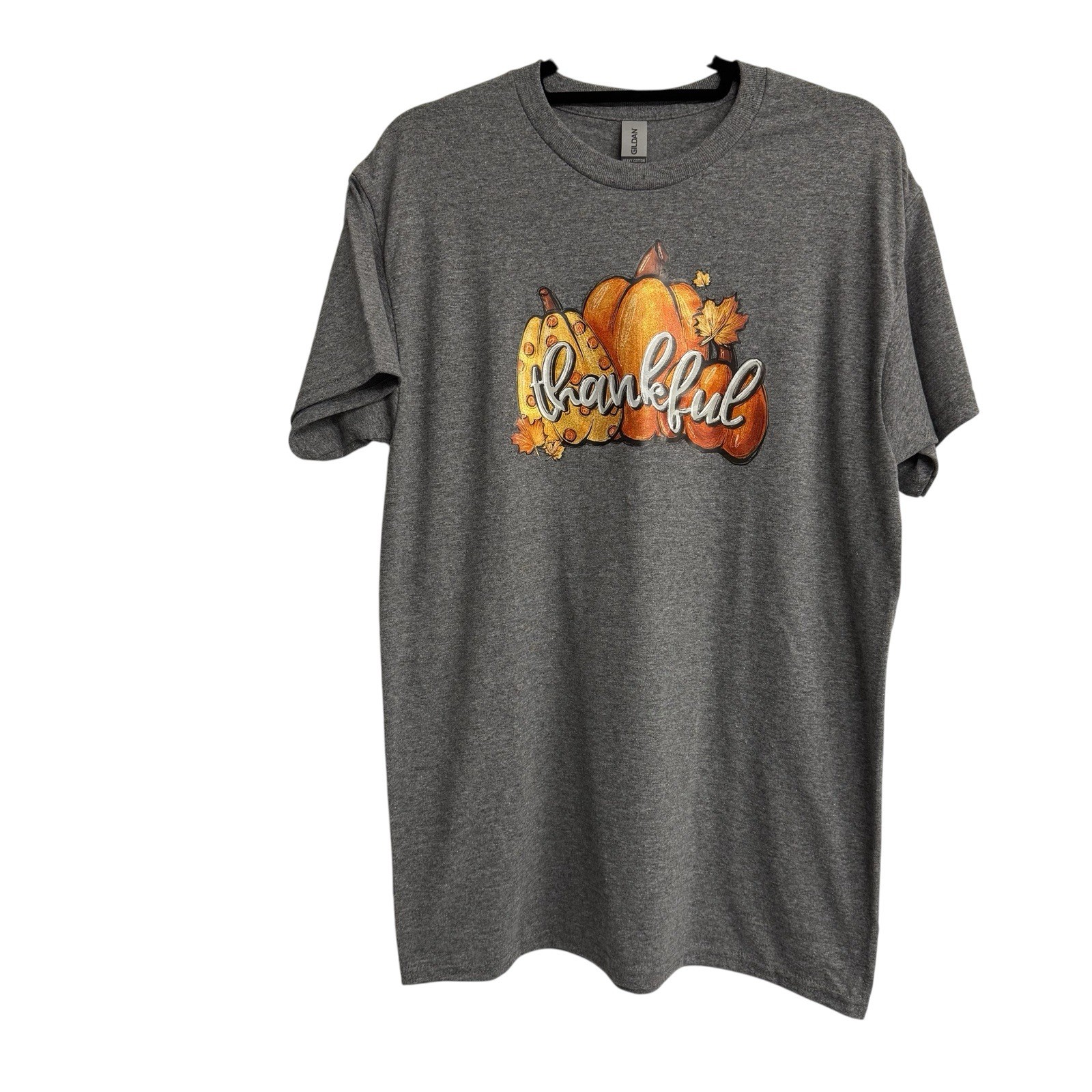Thankful Pumpkin Thanksgiving Graphic T-Shirt S/S Women’s Sz M Gildan Gray NWOT.