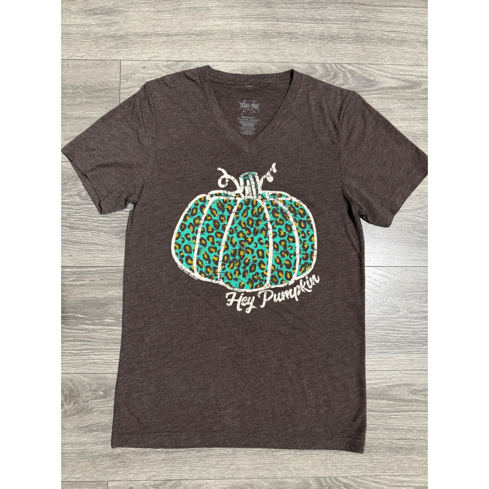 Womens Hey Pumpkin Leopard Print V-Neck Graphic T-Shirt Brown S Thanksgiving