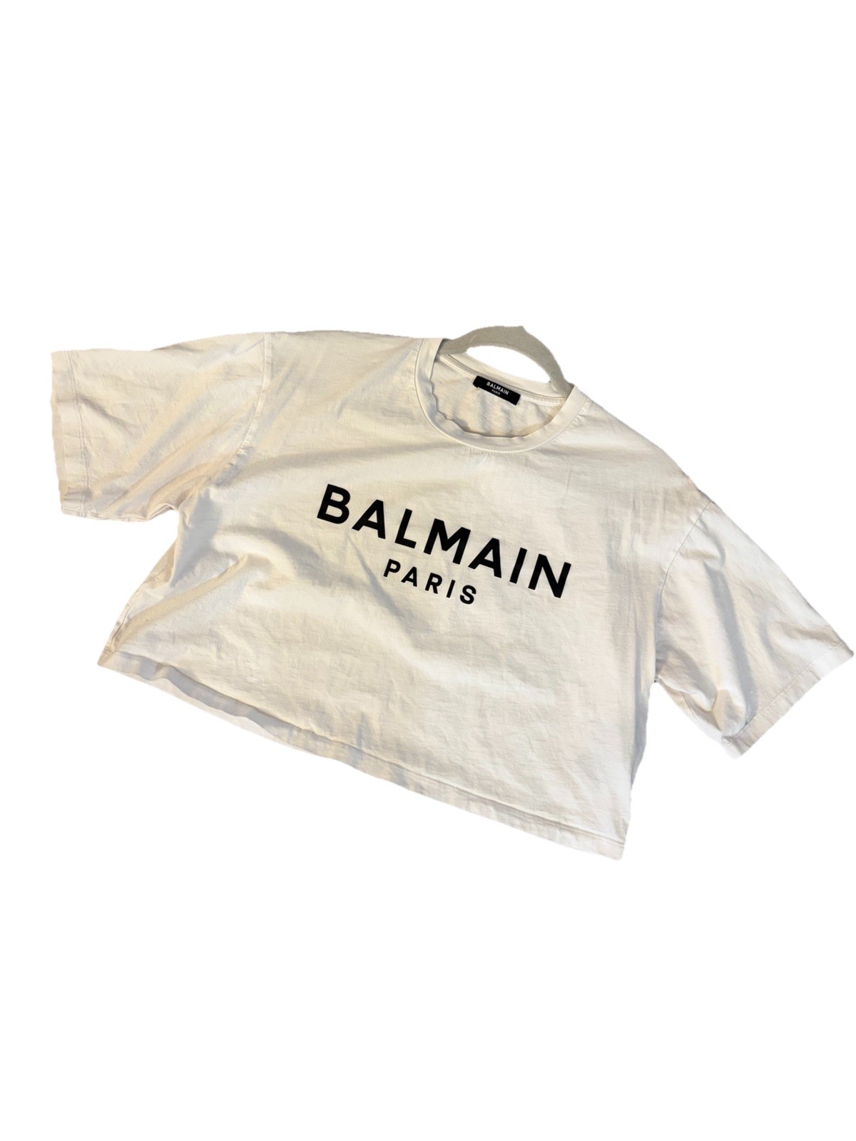 BALMAIN | AUTHENTIC Paris Designer Graphic Cropped T Shirt Femme Cotton Size S