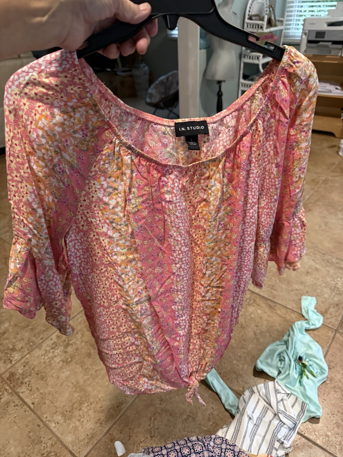 I.N Studio Top Women Coral Tie Front Bell Sleeve Boho Peasant Blouse Large new