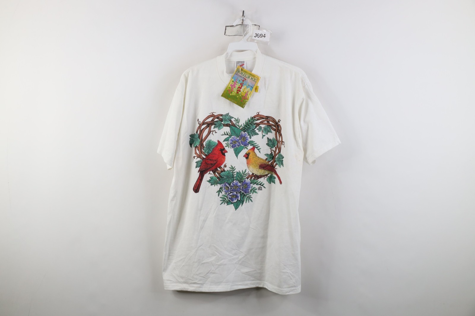 Deadstock Vtg 90s Streetwear Womens Large Heart Bird Flower T-Shirt White USA