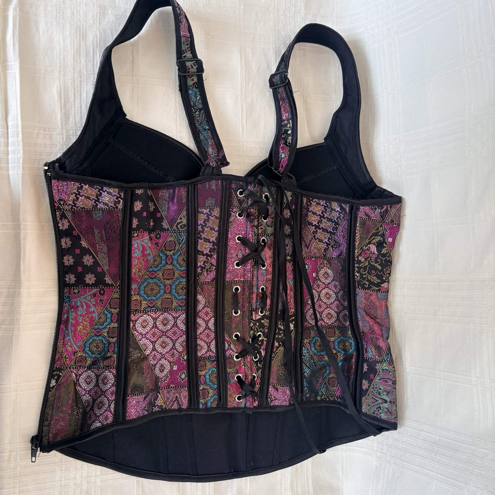 Brocade Patchwork Lace Up Corset Bustier Top w/Black Boning in Purple & Teal 2XL