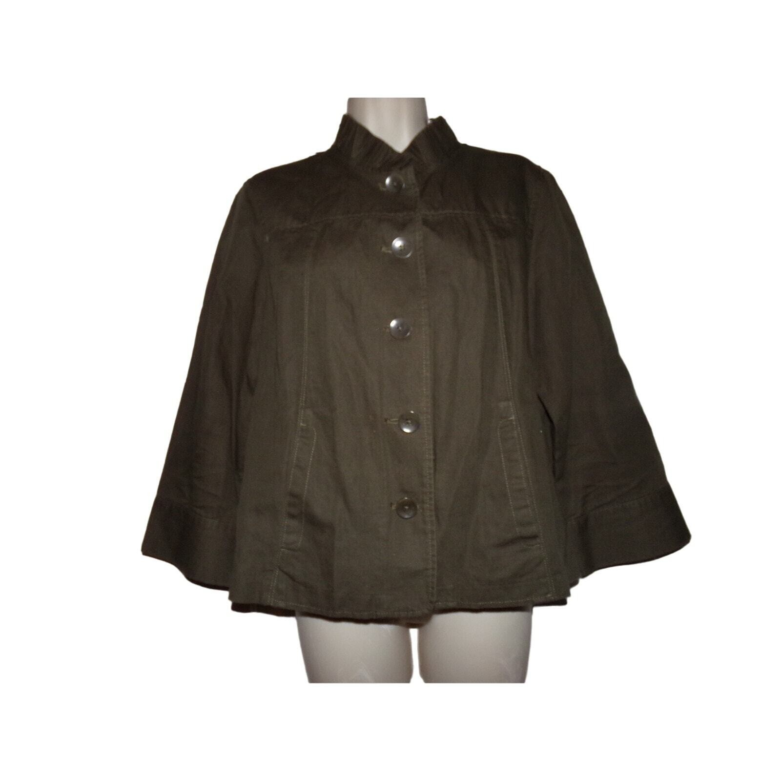 Coldwater Creek Classic army green linen/cotton blouse/jacket 10 Ruffled neck