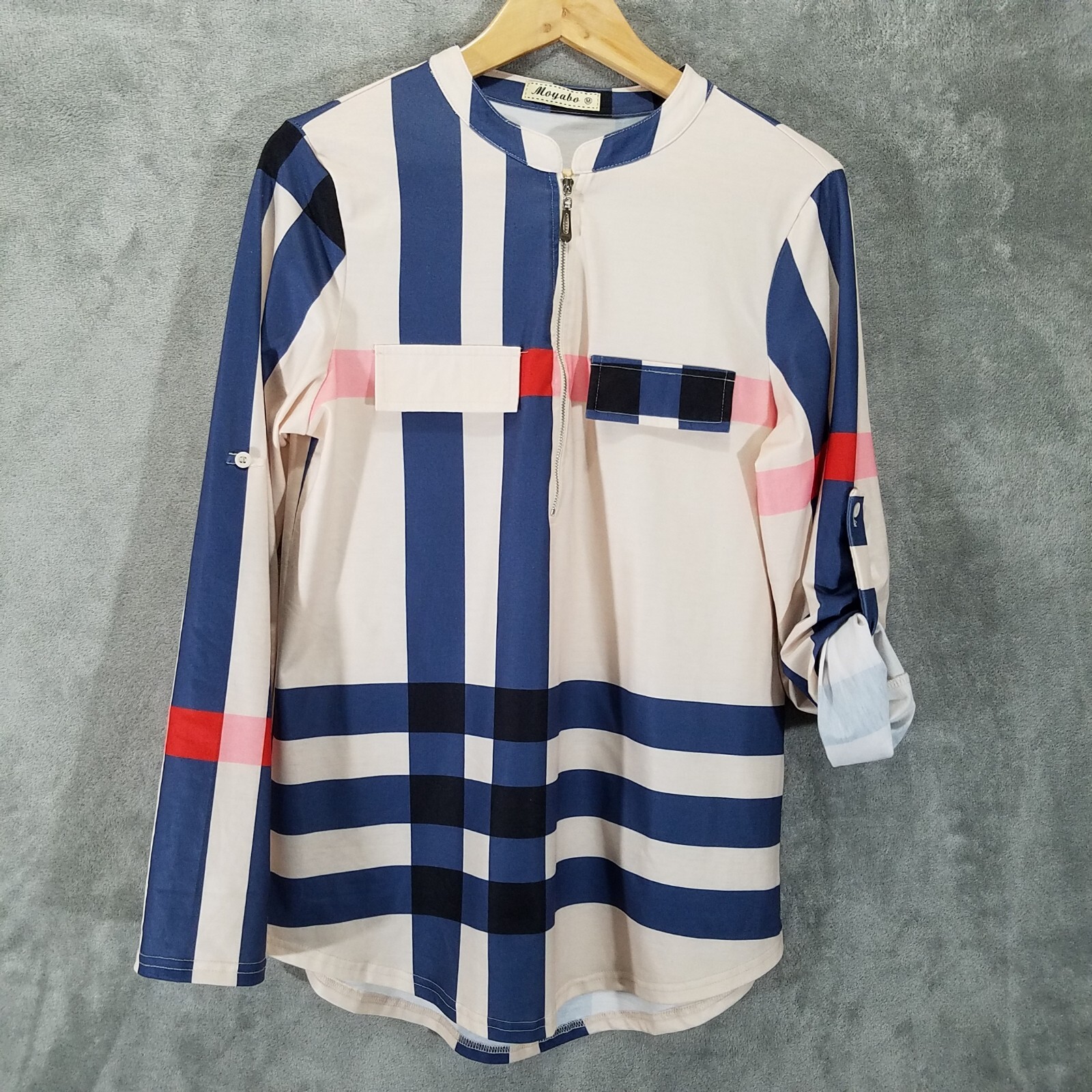 Moyabo Blouse Womens Medium 3/4 Zip Tunic Roll Tab Long Sleeves Casual