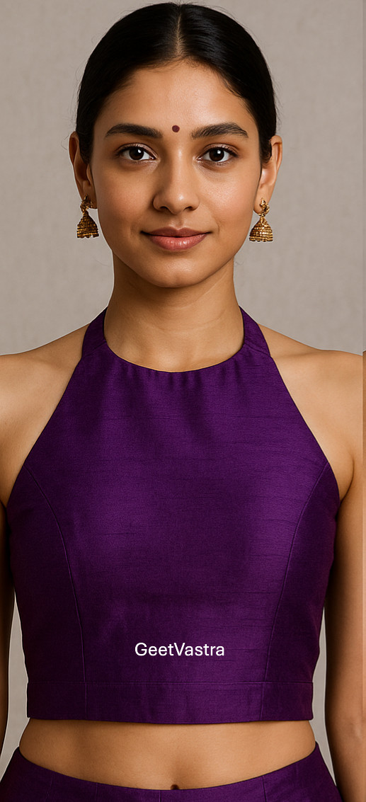 Purple Raw Silk Sleeveless Blouse | Halter Neck Indian Crop Top Saree & Lehenga