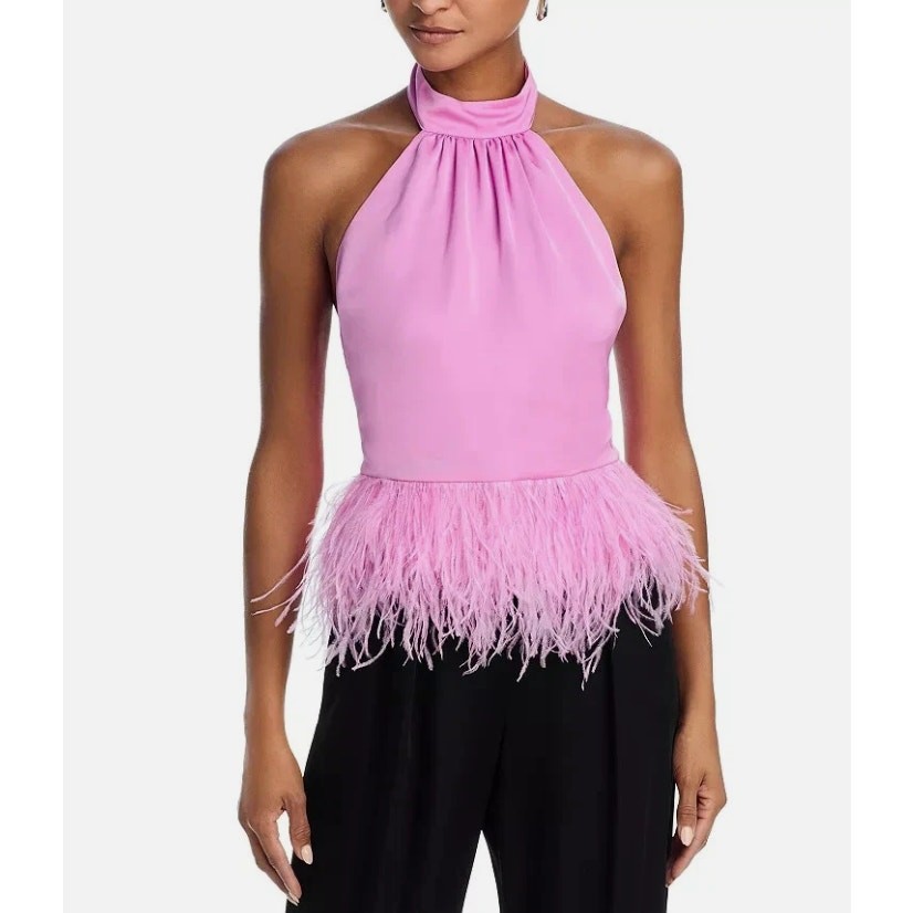 Ramy Brook Womens Large Faux Feather Trim Halter Top Pink Rose MSRP $395