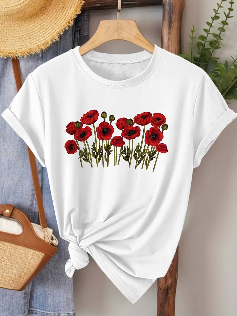 Women Flower Print Graphic T-Shirt Casual Short Sleeve Crew Neck Cotton Tee US√