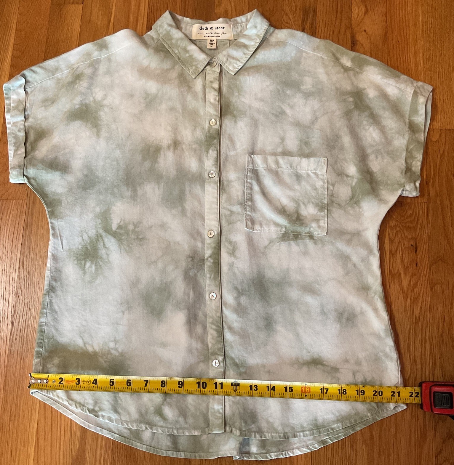 Cloth & Stone Women’s Green Tie Dye Button Up Top Med Boxy Hi Lo Hem Comfort EUC