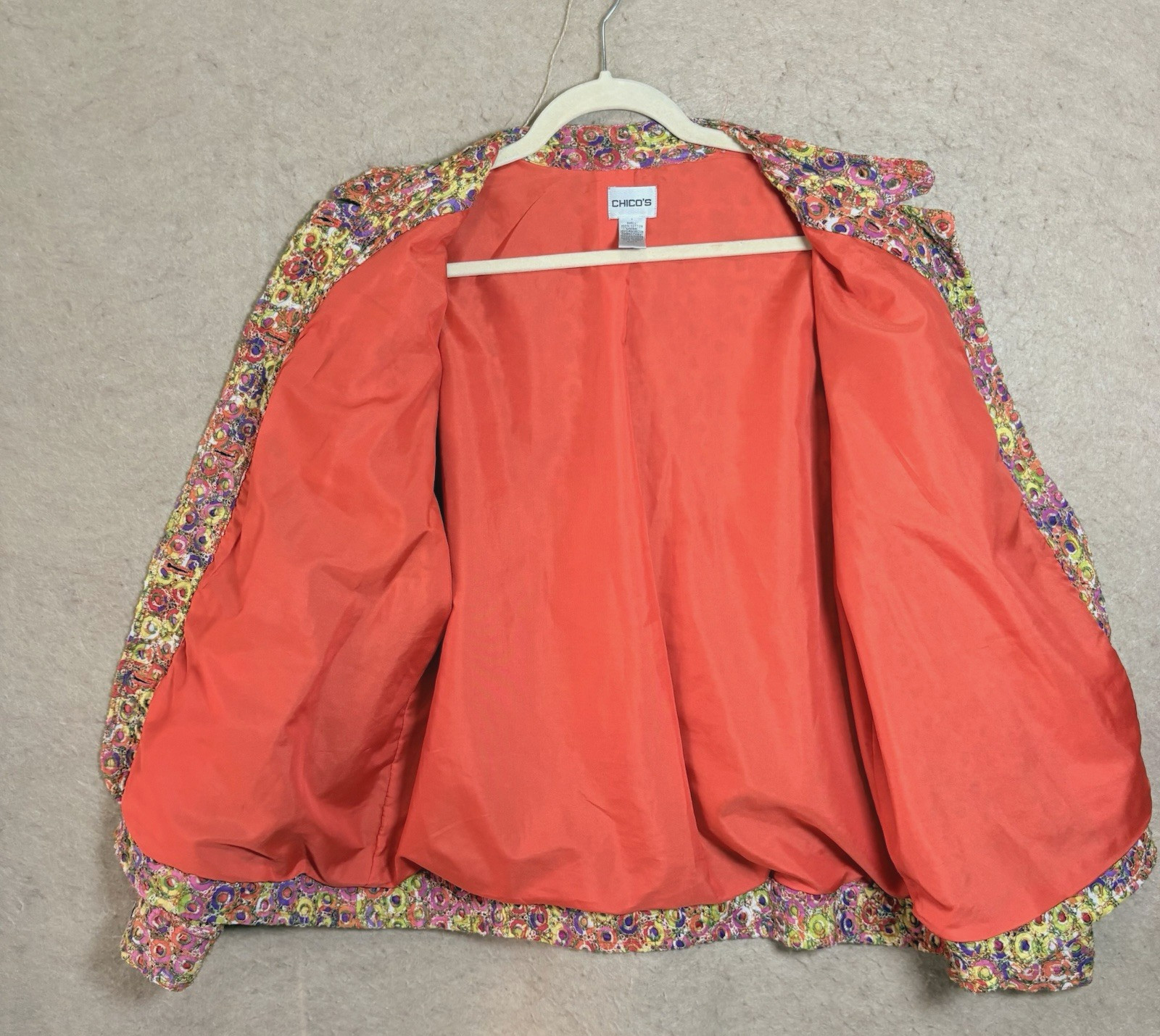 Chicos Embroidered Eyelet Jacket Womens Sz 3 US XL Orange Yellow Pockets Lined