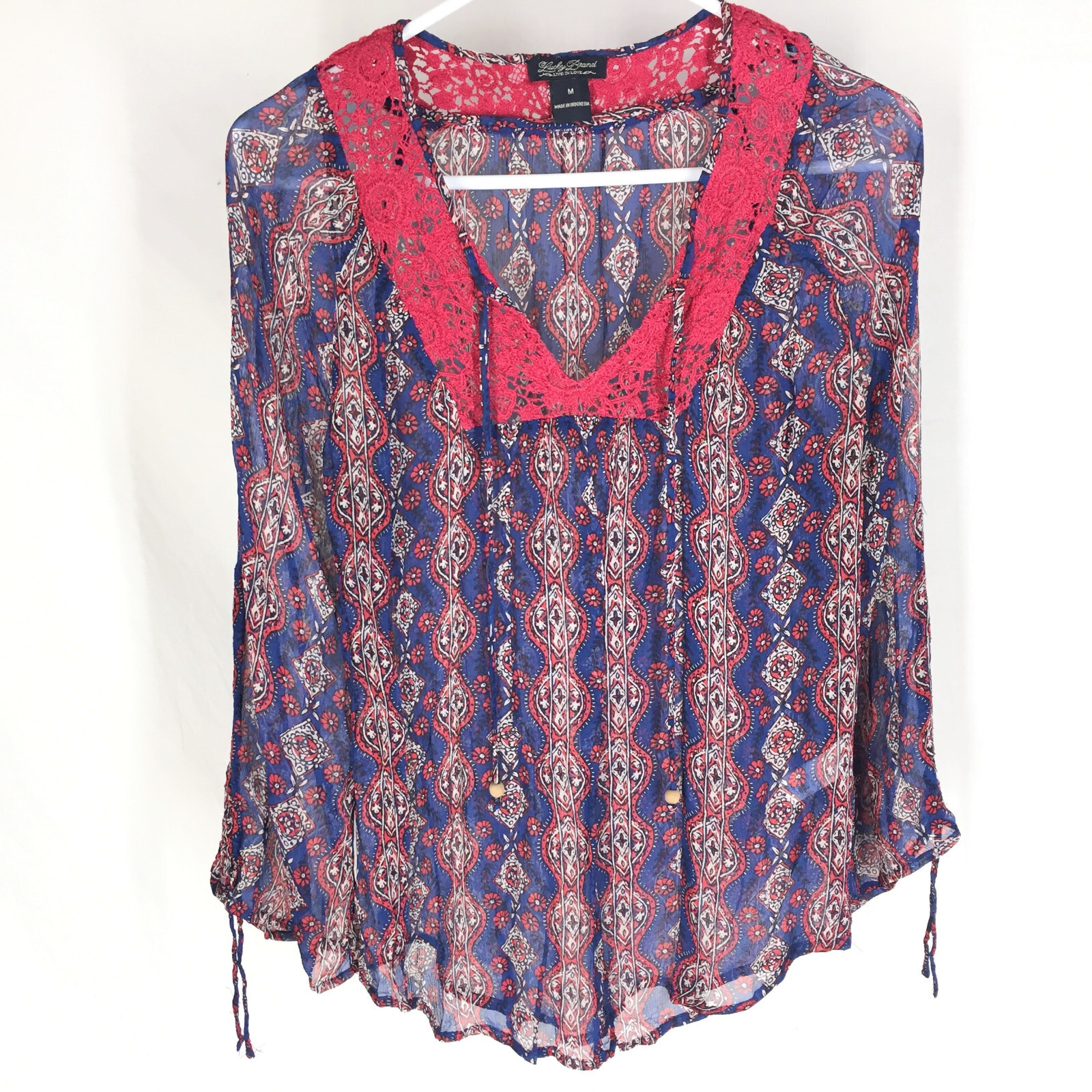 LUCKY BRAND Blouse Top Size Medium Blue Red Floral Sheer Lightweight Summer