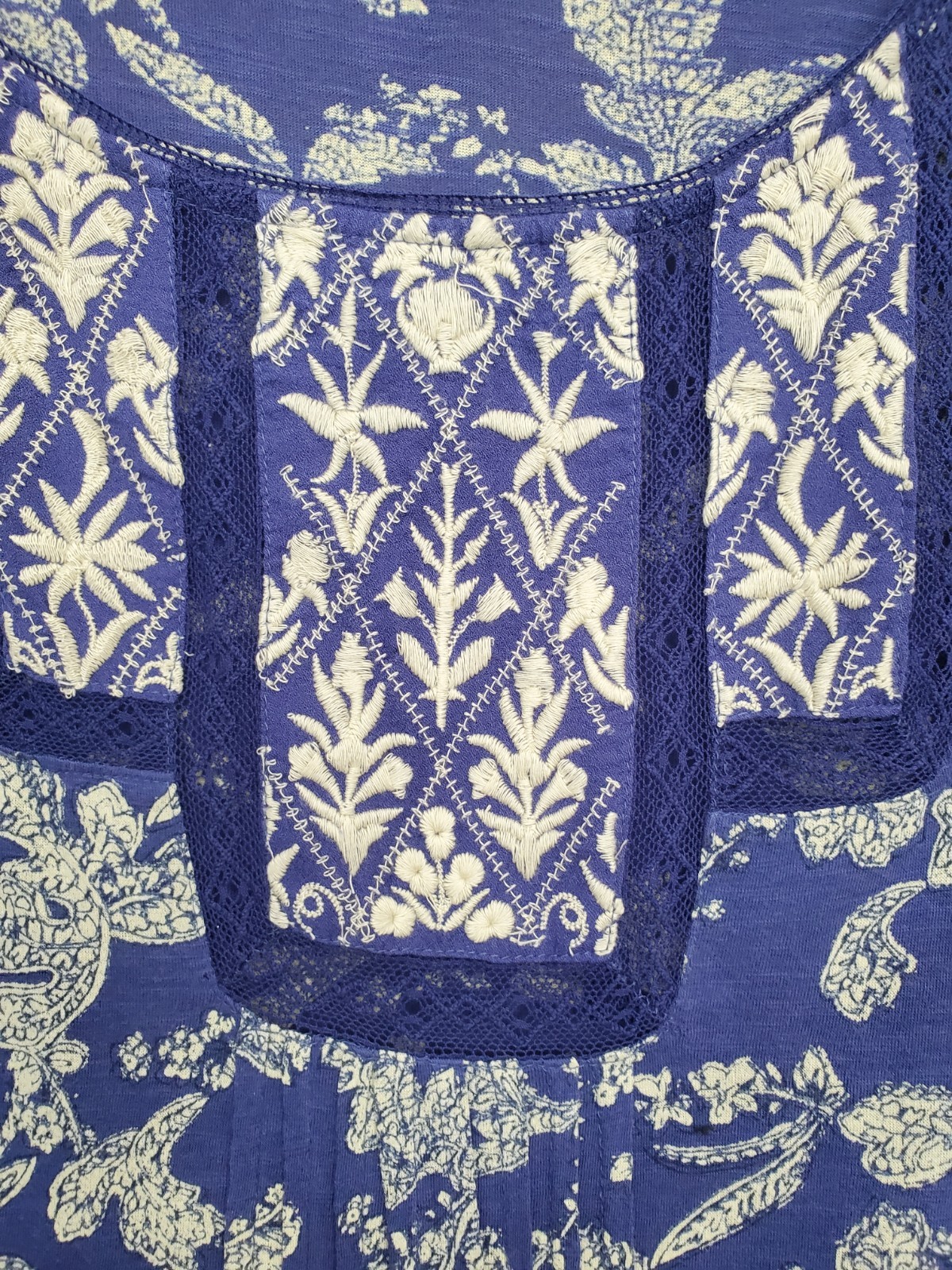 Lucky Brand Purple Embroidered Pleated Paisley Floral Print Knit Tunic Size L