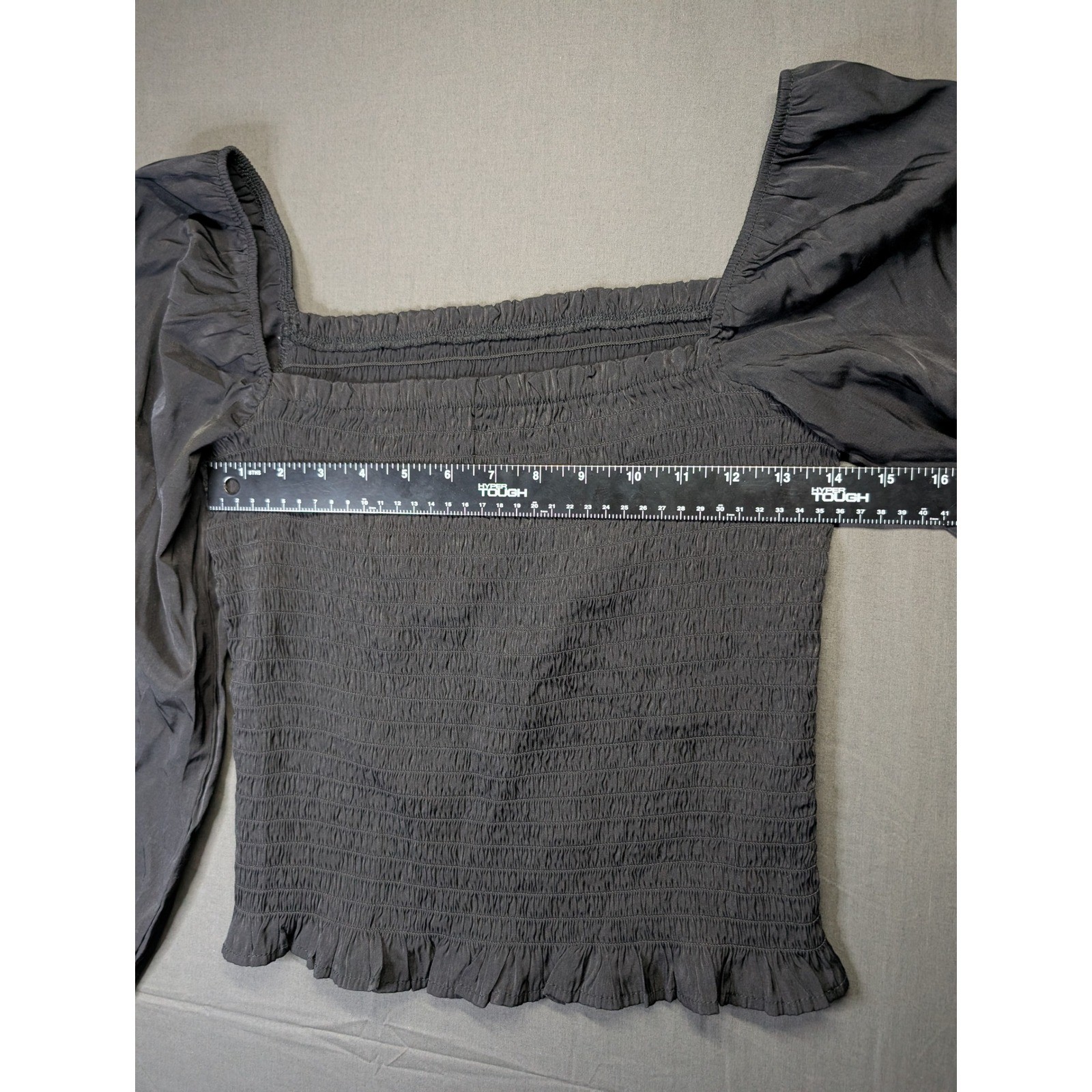 Black Smocked Square Neck Puff Sleeve Top Women Large Shirred Ruffle Hem Blouse