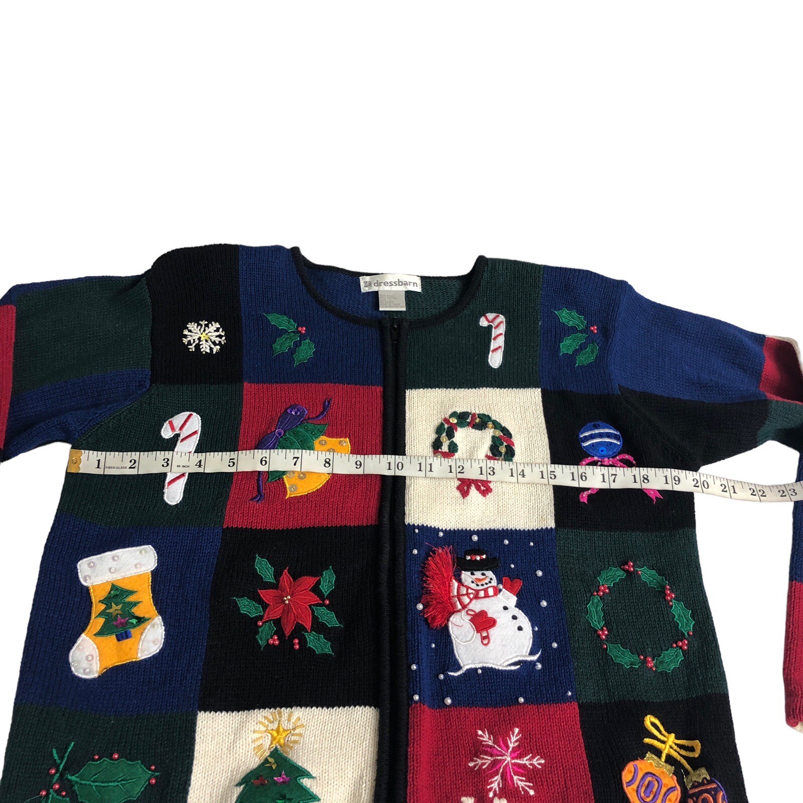 Vintage Dressbarn Christmas Cardigan Sweater Women L Knit Patchwork Sequin Zip