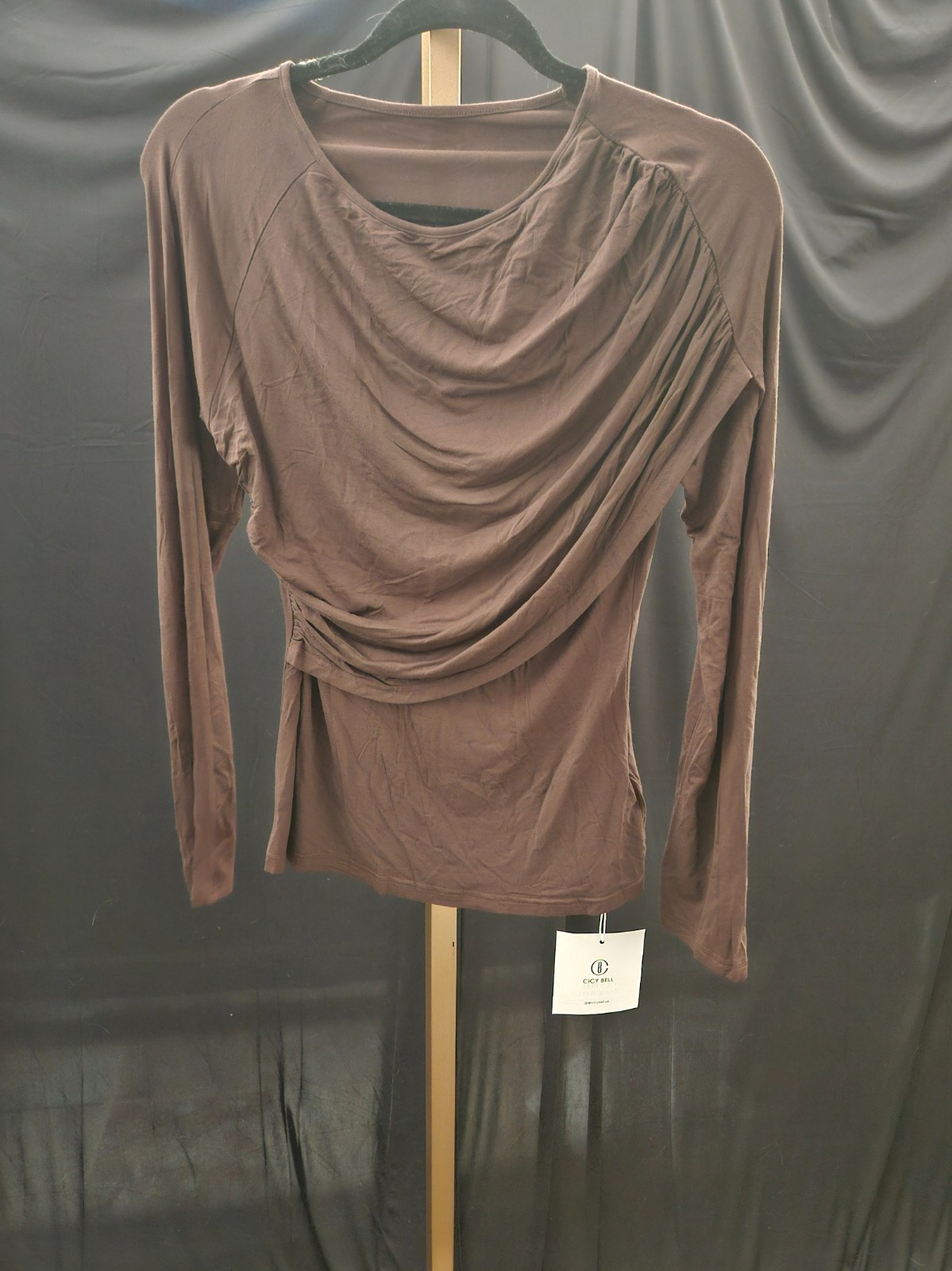 CICY BELL MED COFFEE LONG SLEEVE RUCHED FRONT SHIRT NWT