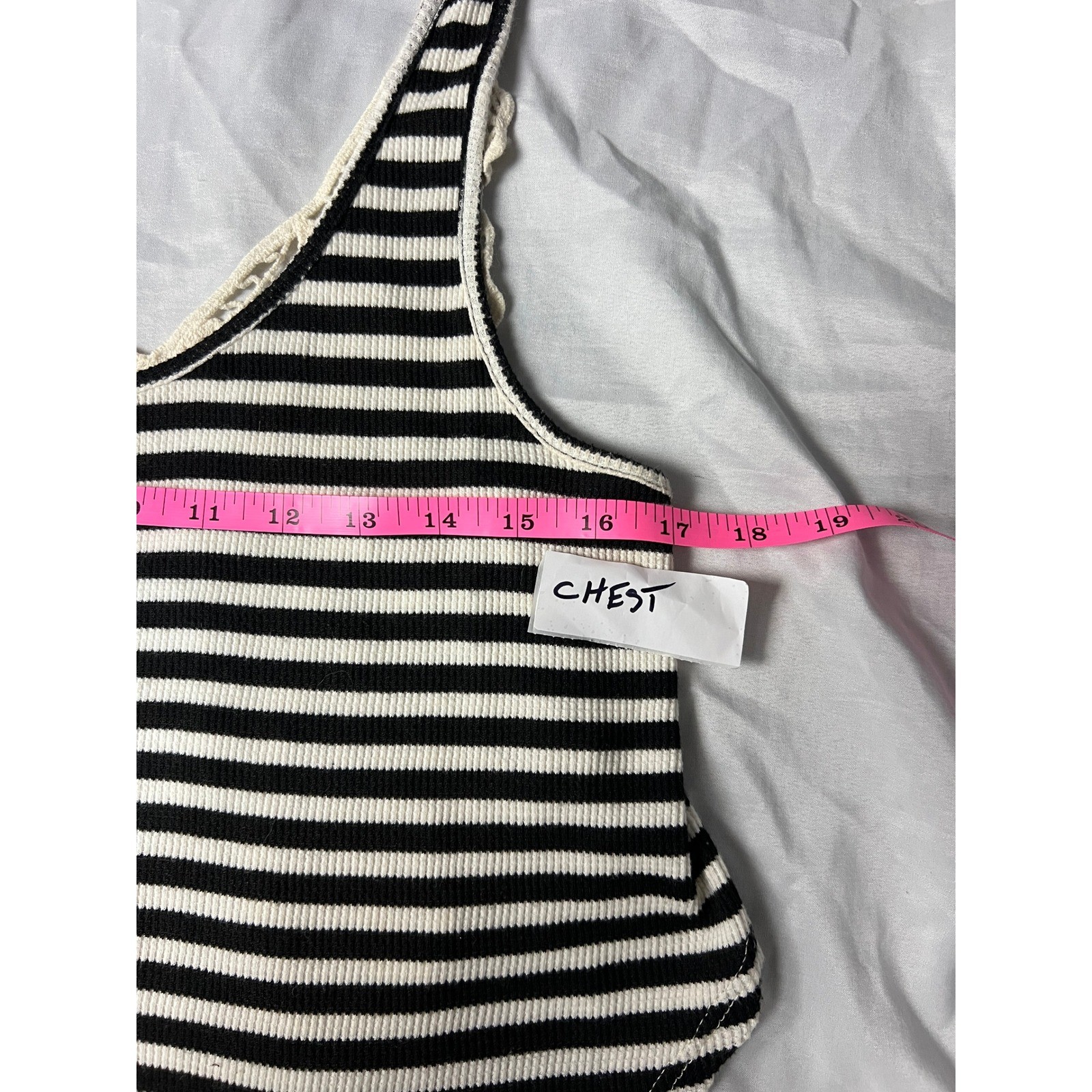 Sweet Claire Womens Black White Striped Crochet Back Ribbed Tank Top Coastal SM