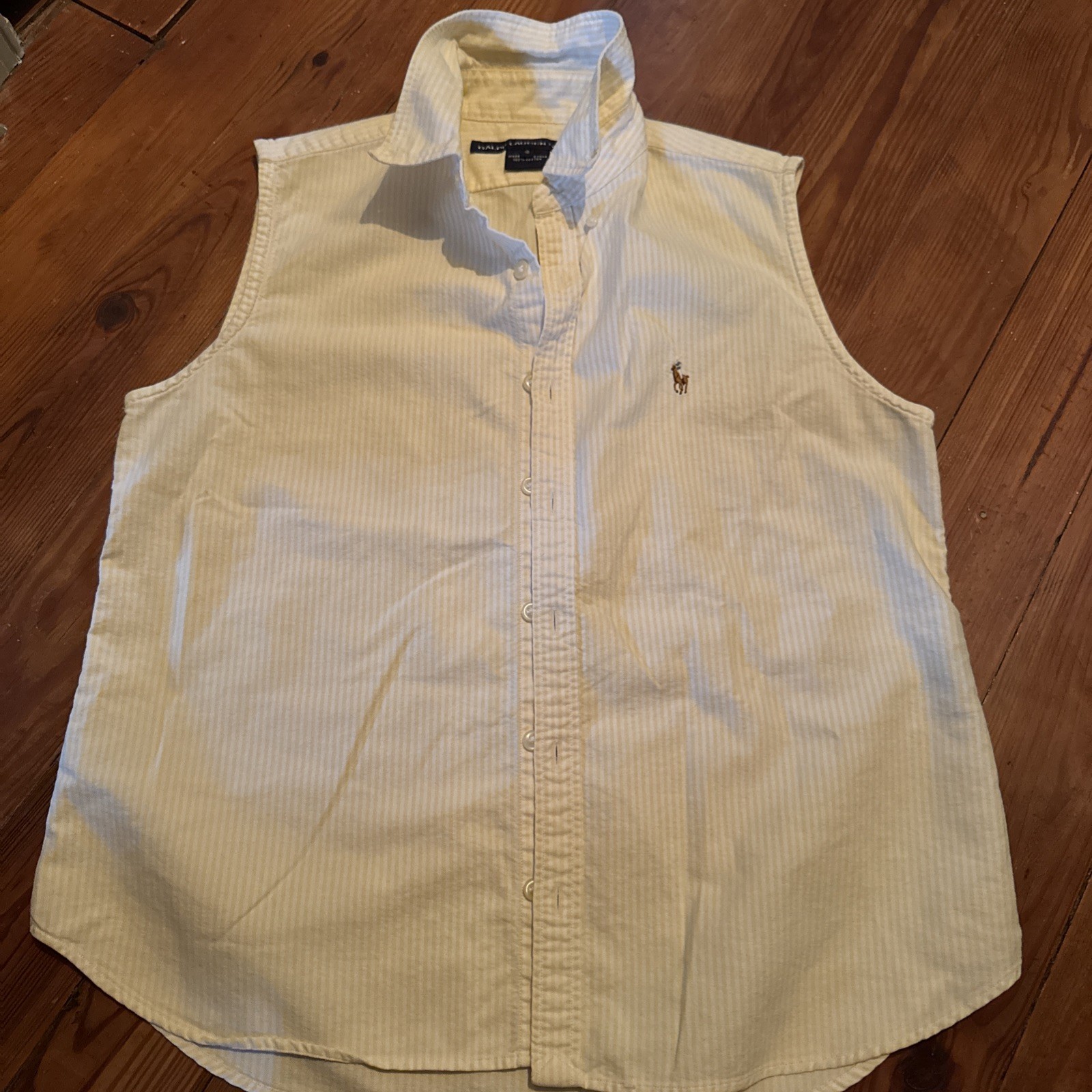 VTG Women Ralph Lauren Oxford Button Up Shirt Sleeveless yellow White Stripe 10
