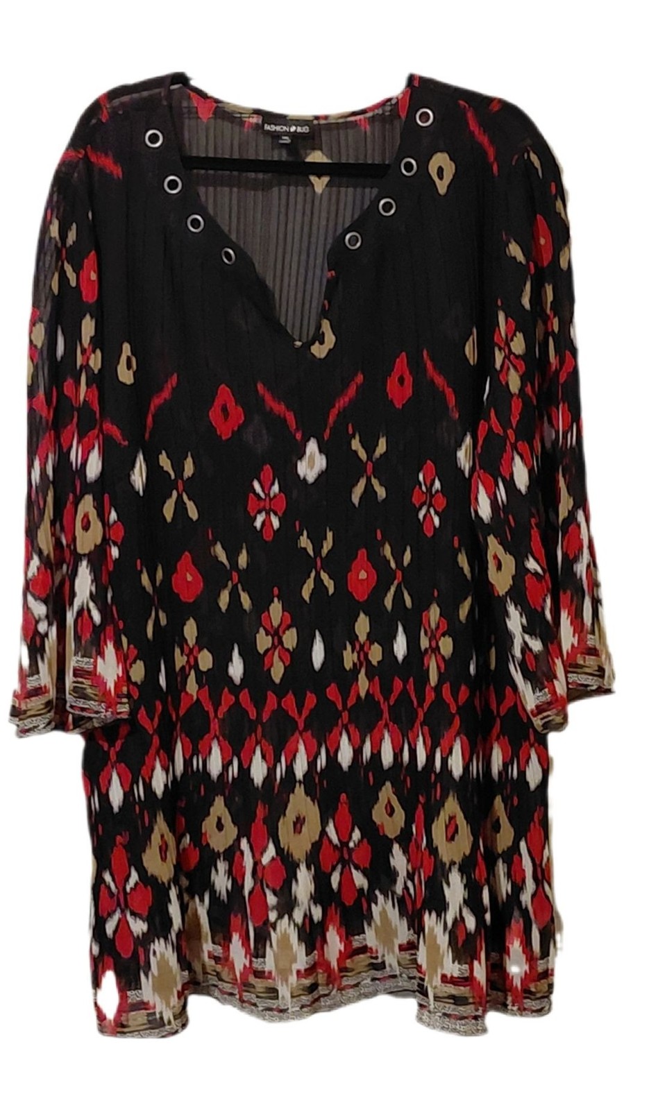 Fashion Bug Vintage Pleated Black Multi-colored Floral Print Y2K Tunic Blouse 3x