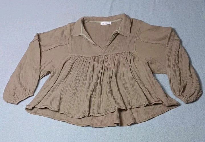 Ces Femme Babydoll Ballon Sleeve Gauze Tunic Blouse Womens Large Light Brown…