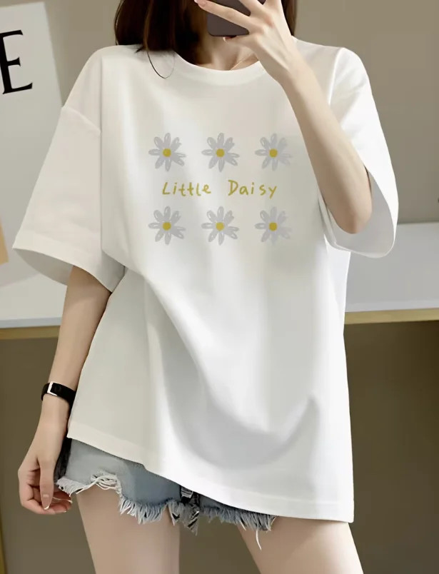 Black Daisy Print Short Sleeve Tee Versatile O-Neck Tee Casual Korean Style Flor
