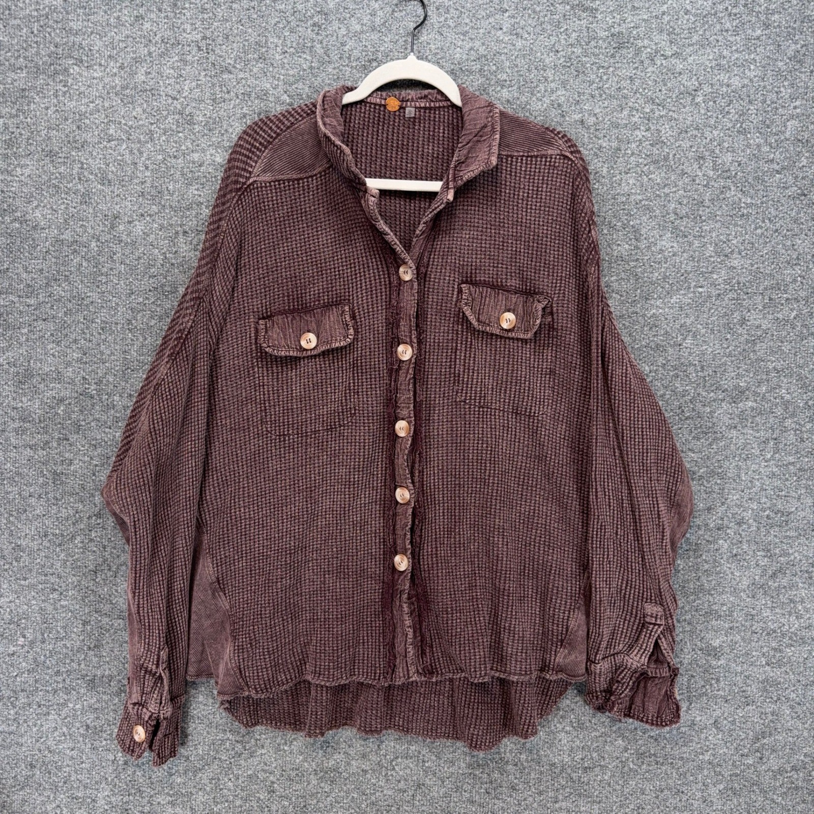 Free People Shirt Womens Medium Purple Waffle Knit Oversized Boho Button Down