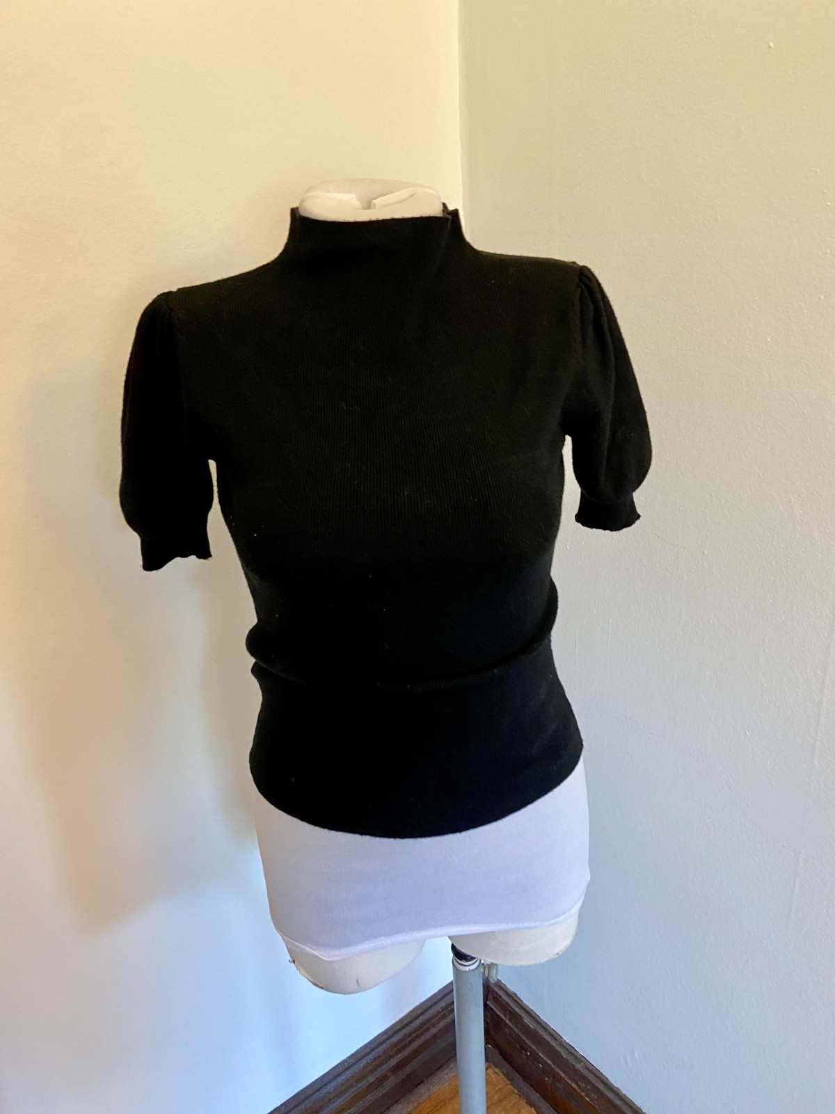 Black Ribbed Mock Neck Short Sleeve Knit Top Med Soft Sweater Light Weight Stret