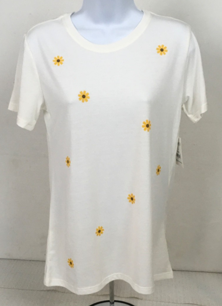 Positive Tee Top Women Size S 4 to 6 Ivory with Sunflowers Short Sleeves New