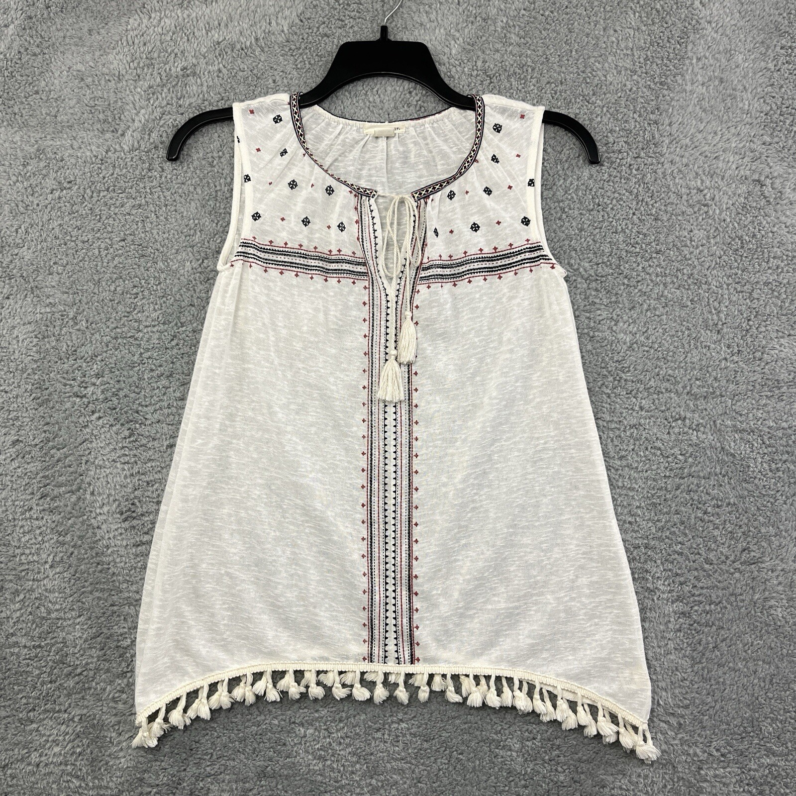 Tru Self Sleeveless Top Womens Medium Embroidery Tassle Details Semi Sheer Boho
