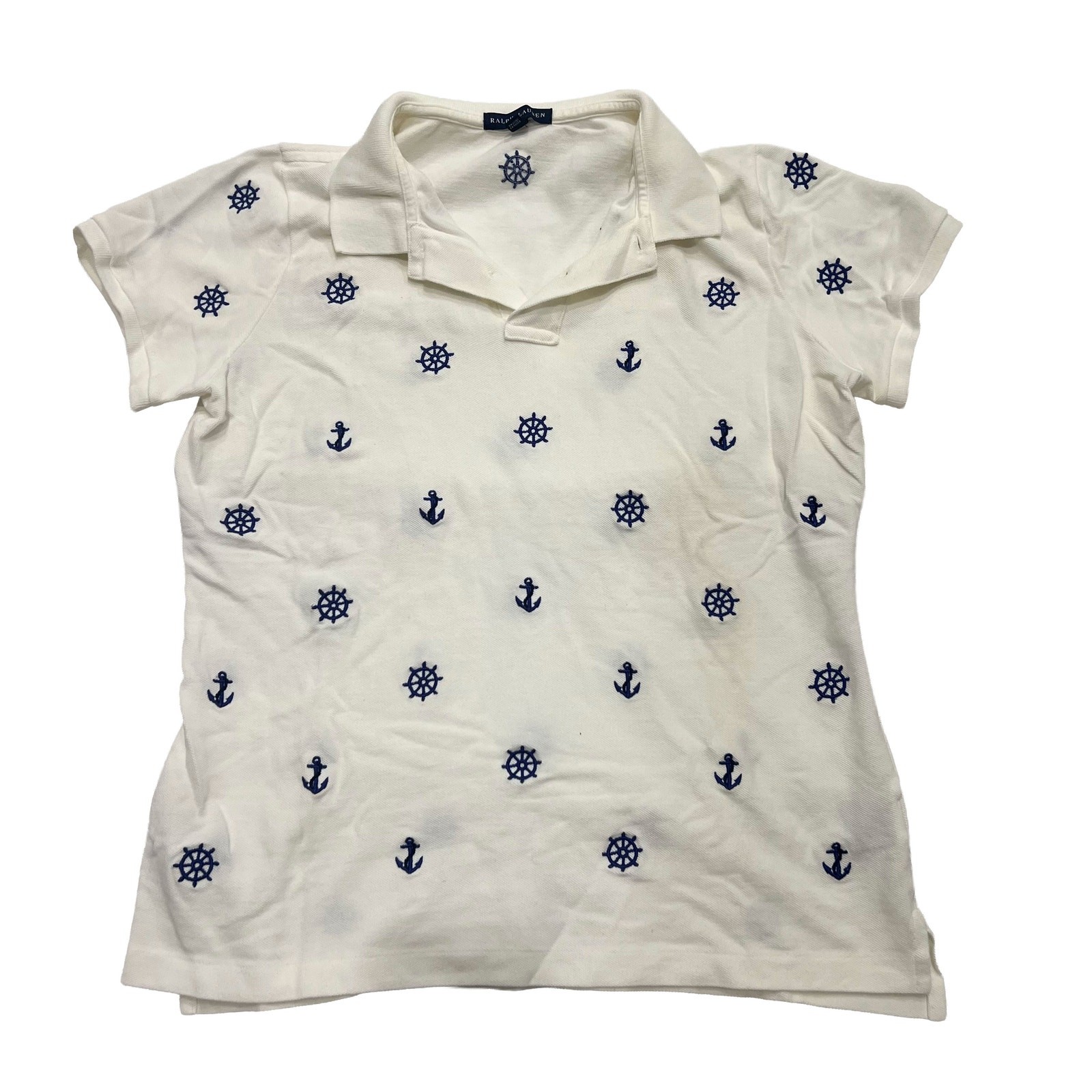 Ralph Lauren Nautical Polo Shirt Womens Large White Navy Embroidered Anchors